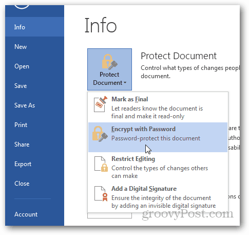 Zaščita gesla in šifriranje dokumentov Office 2013: Kliknite Šifriraj z geslom