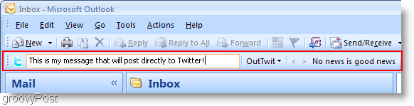 Twitter znotraj Outlook OutTwit Outlook polje 