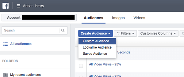 V upravitelju oglasov Facebook kliknite Ustvari ciljno skupino in na spustnem seznamu izberite Občinstvo po meri.