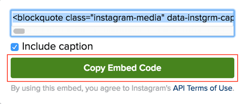Kliknite zeleni gumb, da kopirate kodo za vdelavo v Instagram.