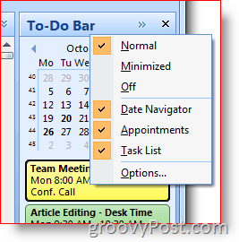 Vrstica opravil Outlook 2007 - kliknite z desno tipko miške, da izberete možnosti