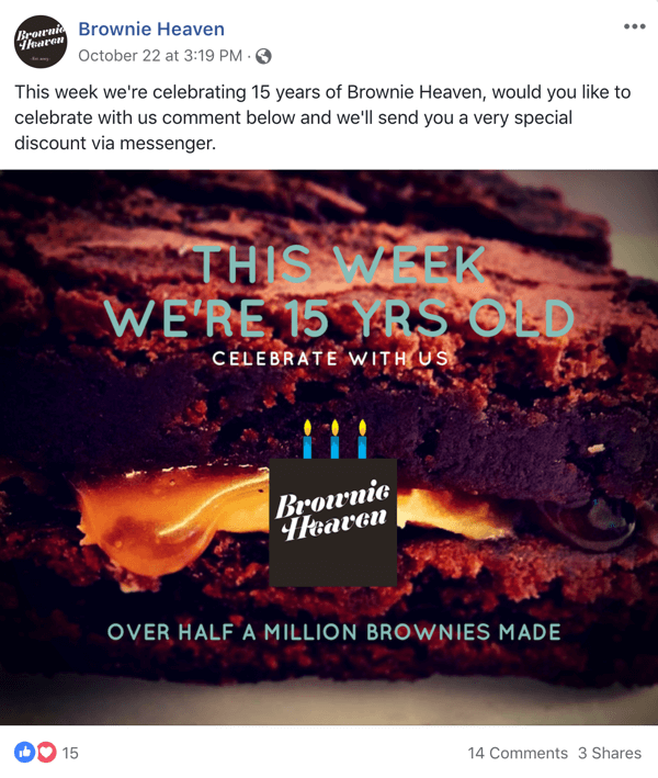Primer objave na Facebooku s ponudbo Brownie Heaven.