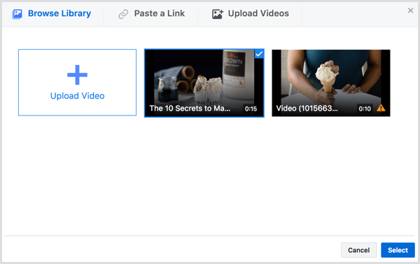 Facebook ustvari video oglas, izberite video