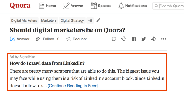 Primer trženja na Quori s plačanim oglasom.