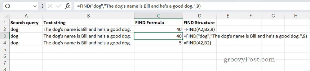 Primer formule FIND v Excelu