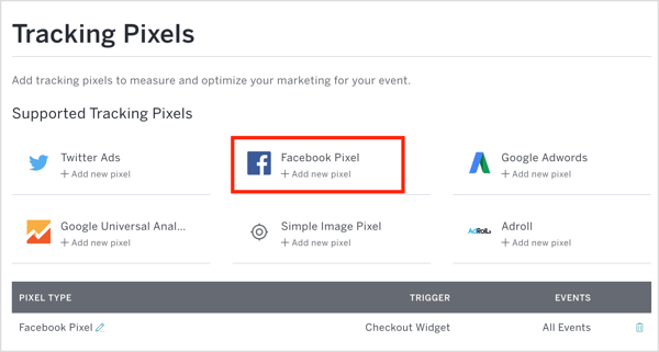 V Eventbrite kliknite Facebook Pixel in vnesite ID piksla in druge podrobnosti.