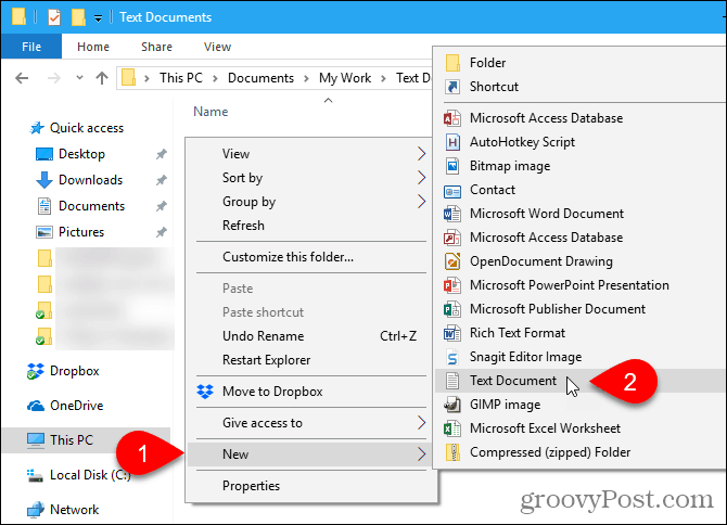 Pojdite na Novo> Besedilni dokument v programu Windows File Explorer