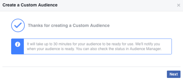 Ko ustvarite novo ciljno skupino za Facebook, lahko traja do 30 minut, da se zapolni.