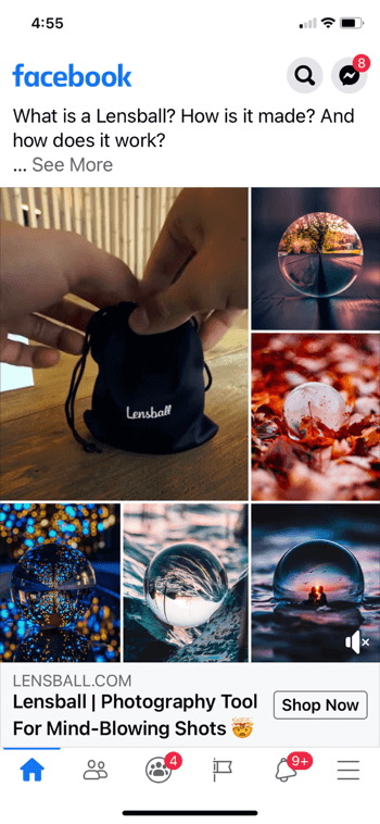 primer facebook oglasnega kolaža za lensball, ki prikazuje izdelek v majhni črni vrečki z vrvicami, skupaj s 5 primeri posnetkov izdelka, ki se uporablja na slikah