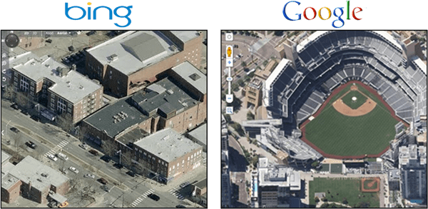 Nadzor nad Google Zemljevidi 45 stopinj v primerjavi z Bing ptice