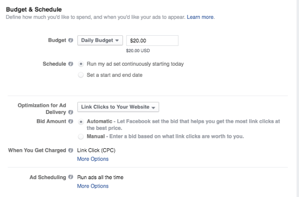 proračun in urnik oglasov za facebook