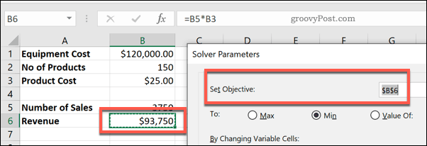 V celici Solver za Excel nastavite ciljno celico