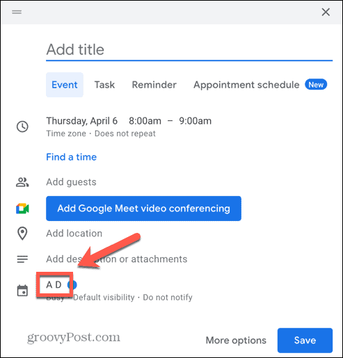 Posnetek zaslona možnosti koledarja dogodkov v Google Koledarju