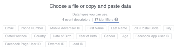 Podatkom, ki jih naložite v Facebook, lahko dodate 17 uporabniških identifikatorjev, vendar vedno uporabite e-poštne naslove, kadar je to mogoče.