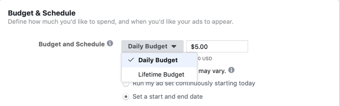 izbira življenjskega proračuna na ravni oglasov za oglaševalsko akcijo Facebook na dan hitre prodaje