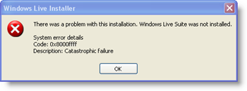 Koda napake sistema Windows Live Installer: 0x8000ffff - katastrofalna napaka