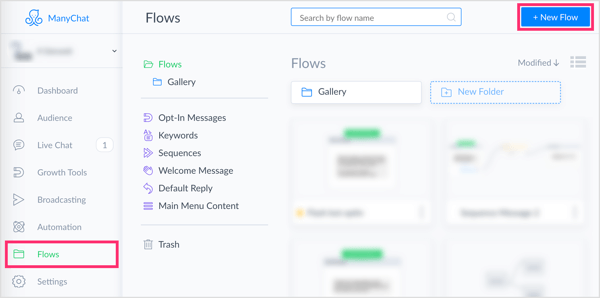 Na zavihku Flows v ManyChat kliknite gumb New Flow.