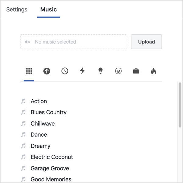Kliknite jeziček Glasba in naložite svoj zvok ali izberite skladbo iz Facebook-ove knjižnice.