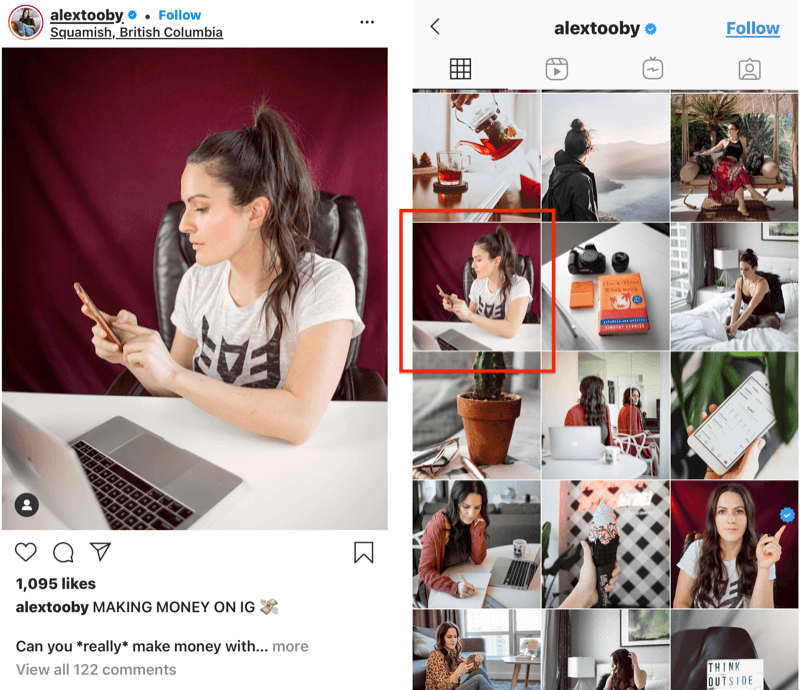 primer objave v Instagramu @alextooby s položajem obrezovanja v viru po meri, ki omogoča boljše obrezovanje in slikovne črte