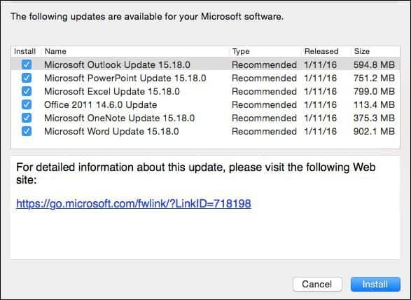 Microsoft Office 2016 za Mac: januarska posodobitev KB3133711