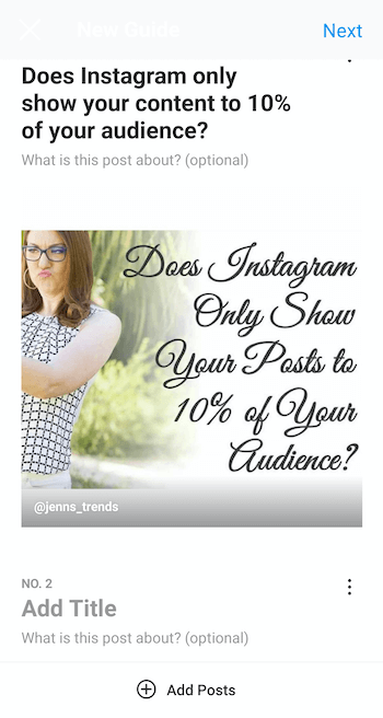 primer ustvarite nov vodnik za instagram z izbrano objavo in naslovom 'ali instagram prikazuje samo vaš vsebino za 10% vašega občinstva “, pa tudi možnosti za dodajanje opisa vodnika in dodatne objav