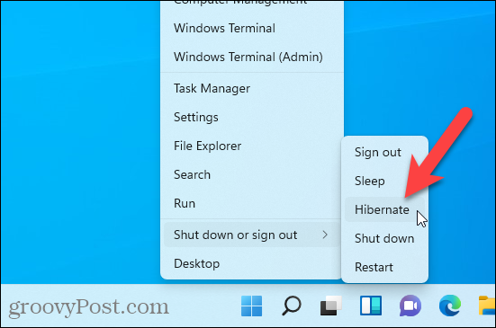 Možnost mirovanja je na voljo v meniju Windows + X v sistemu Windows 11