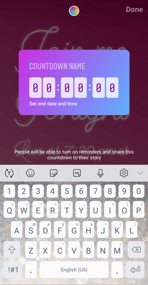 Kako uporabiti nalepko Instagram Countdown za podjetja, korak 2 ime odštevanja.