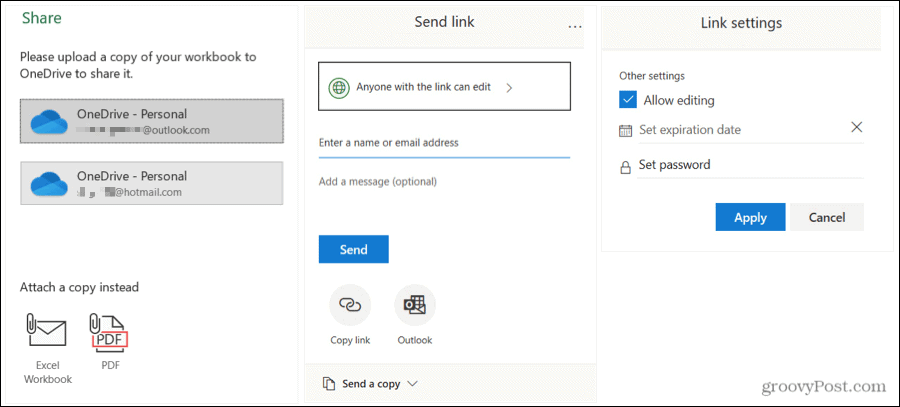 Skupna raba Excel Send and Link Settings v sistemu Windows