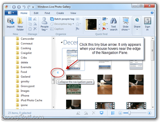 Prikaži / skrij podokno za krmarjenje v fotogaleriji Windows Live 
