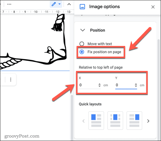Popravljanje položaja slike v Google Dokumentih