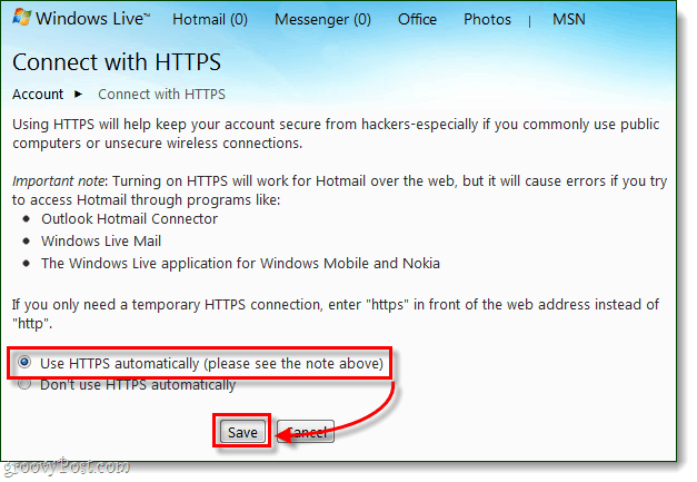 Kako se vedno varno povezati s sistemom Windows Live in Hotmail prek HTTPS