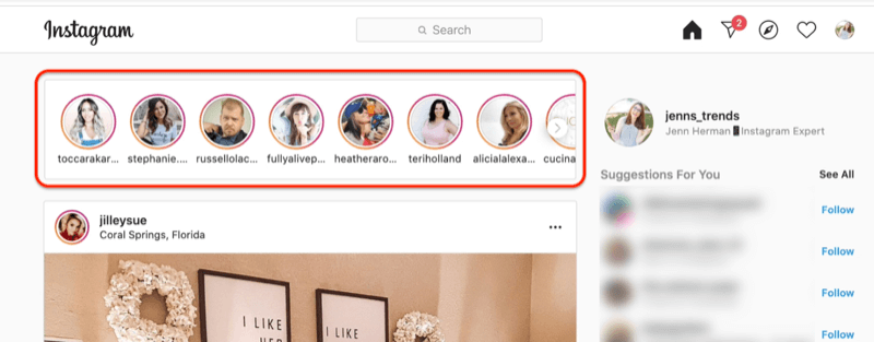 posnetek zaslona vira instagrama z označenimi krogi profilov zgodb