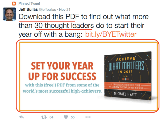 Jeff Bullas s privlačno sliko na Twitterju spodbuja prenose svoje e-knjige.