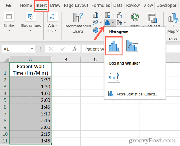 Vstavite histogram v Excel