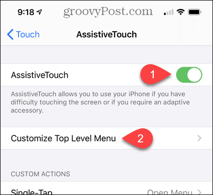 V nastavitvah iPhone omogočite AssistiveTouch in prilagodite meni najvišje ravni