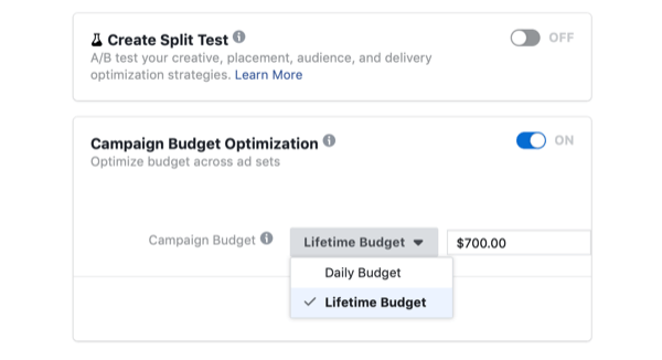 izbira optimizacije proračuna kampanje in življenjskega proračuna za Facebook kampanjo na dan hitre prodaje