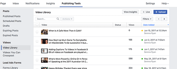 Vaša knjižnica videoposnetkov Facebook hrani vse objavljene in neobjavljene videoposnetke. Video posnetki z rumeno piko so neobjavljeni, video posnetki z zeleno piko pa objavljeni.