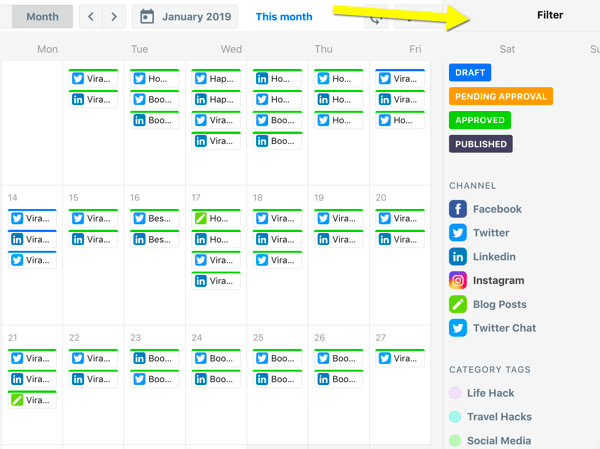 Kako organizirati trženjske naloge v družabnih omrežjih, pregled koledarja ContentCal s filtri