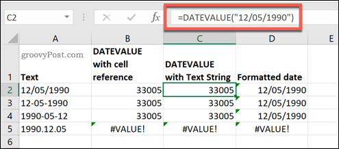 Funkcija DATEVALUE, ki se uporablja v programu Microsoft Excel