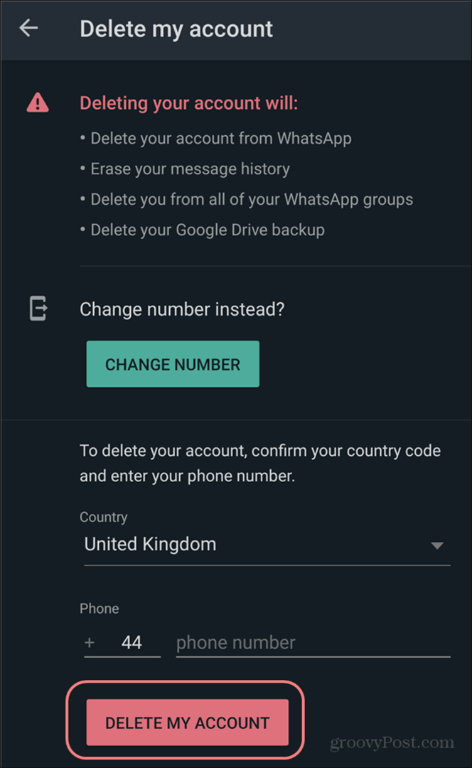 Izbriši nastavitve računa WhatsApp potrdite prekinitev