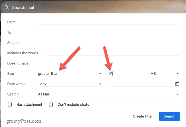 Nastavitev kriterijev velikosti v naprednem iskanju v Gmailu