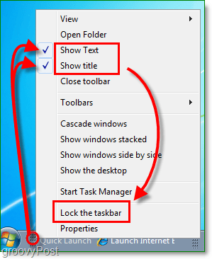 v Windows 7 onemogočite besedilo in naslov hitrega zagona, zaklenite opravilno vrstico