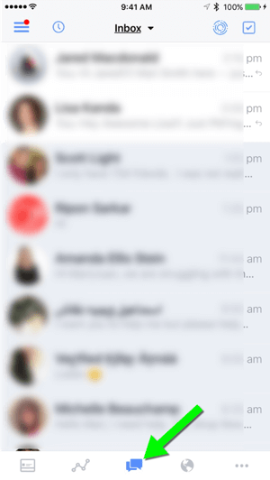 V mobilni aplikaciji Facebook Pages Manager tapnite srednjo ikono, da odprete mapo »Prejeto«.