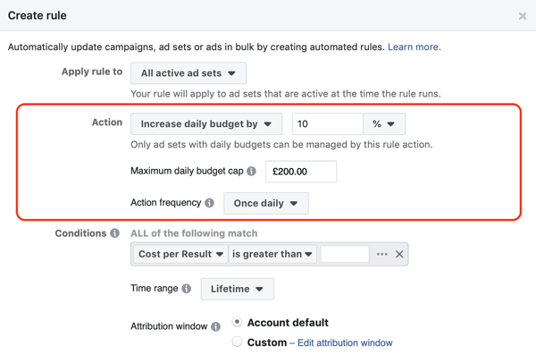 Uporabite samodejna pravila Facebooka, povečajte proračun, ko je ROAS večji od 2, korak 2, nastavitve dejanj