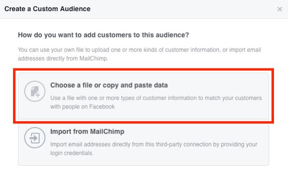 Izberite Izberite datoteko ali Kopirajte in prilepite podatke, da ustvarite svojo e-poštno publiko po meri v Facebooku.