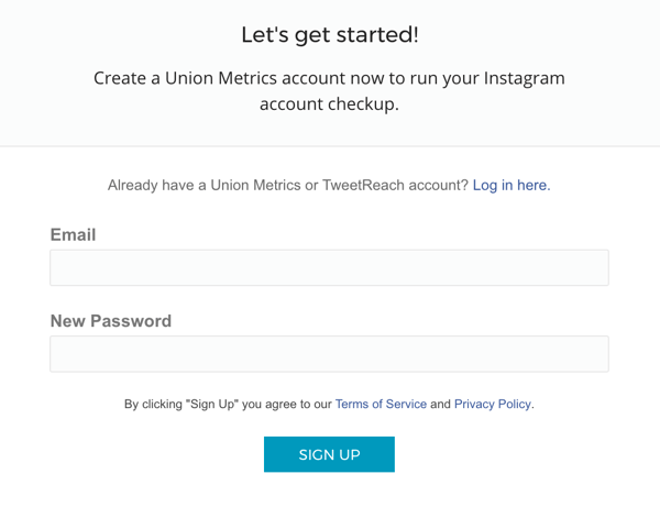 Navedite svoj e-poštni naslov in izberite geslo za ustvarjanje računa Union Metrics.