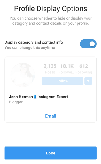 Izbira in prikaz kategorije profila ustvarjalca Instagram.