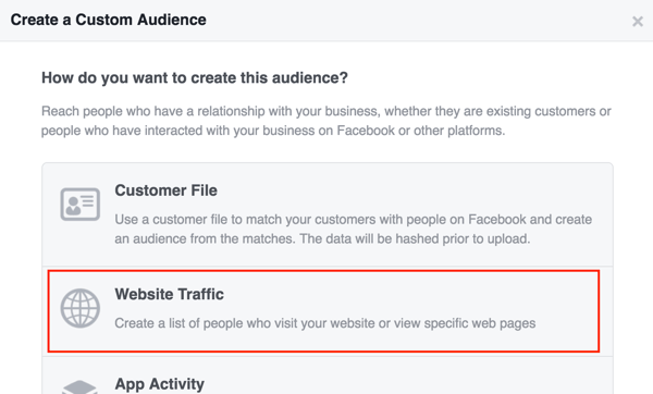Ustvarite občinstvo po meri na Facebooku na podlagi prometa na spletnem mestu.