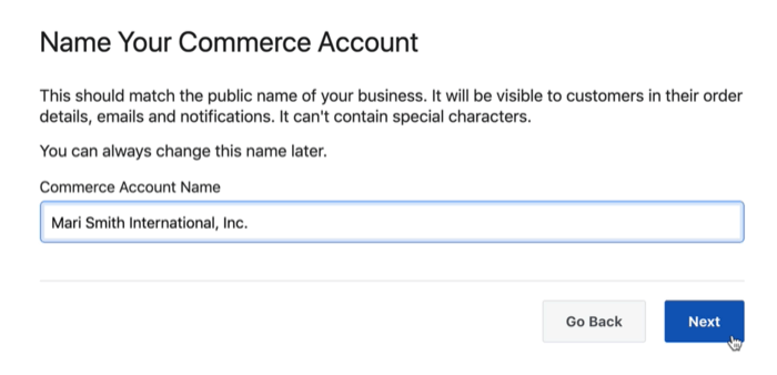 možnost pogovornega okna za poimenovanje vašega facebook trgovinskega računa