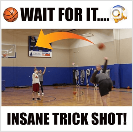 Sličica sličice Instagram video posnetka ima bele palice in črno besedilo nad in pod sliko belca, ki v telovadnici izvaja trik z košarkarsko žogo. V zgornjem besedilu je košarkarski emoji in besedilo Počakajte. Spodnje besedilo pravi Insane Trick Shot!